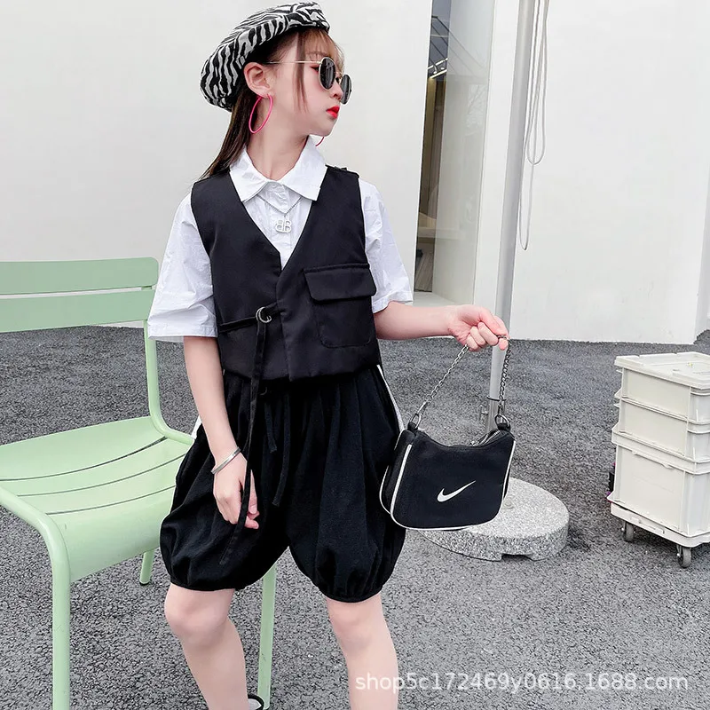 

Тёмные детские брюки-тройки для девочек, широкие брюки в западном стиле для детей старшего возраста, лето 2021