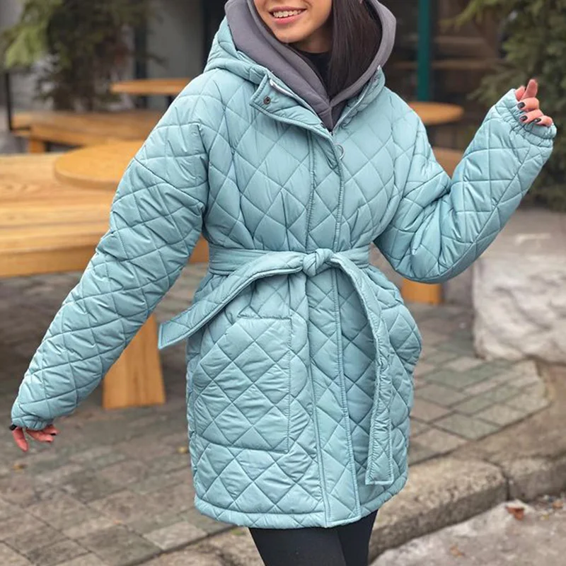 

Collected Waisted Parkas Women Fashion Argyle Mid Length Coats Women Elegant Pockets Cotton Jackets Female Ladies Coat Women