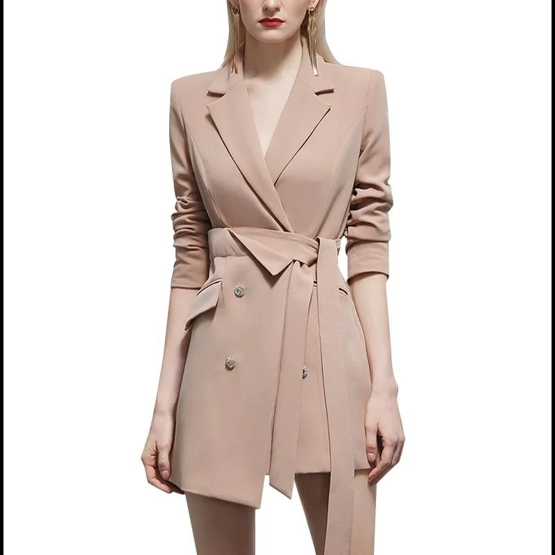 

[DEAT] V-neck Solid Temperament Medium Length Double Breasted Suit Women Irregular Waist Suit Coat 2021 Spring And Autumn GX1082
