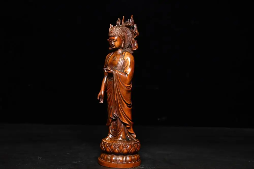 

8" China Collection Old Boxwood Manjushri Buddha Statue Sakyamuni Standing Buddha Amitabha Enshrine the Buddha