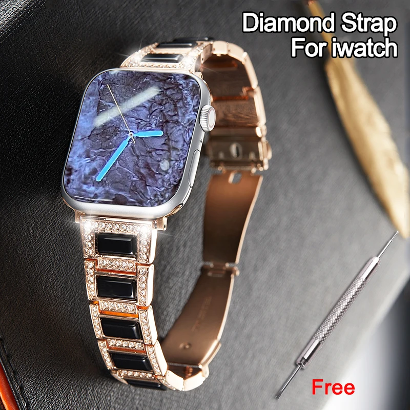 

Металлический ремешок с опалом для iwatch 3 2 1 38 мм 40 мм, браслет из нержавеющей стали с нефритом и изумрудом для Apple Watch SE 6 5 4, 44 мм 42 мм