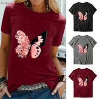 feogor womens plus size t shirt 2021 summer new casual womens top pink butterfly print round neck short sleeved t shirt