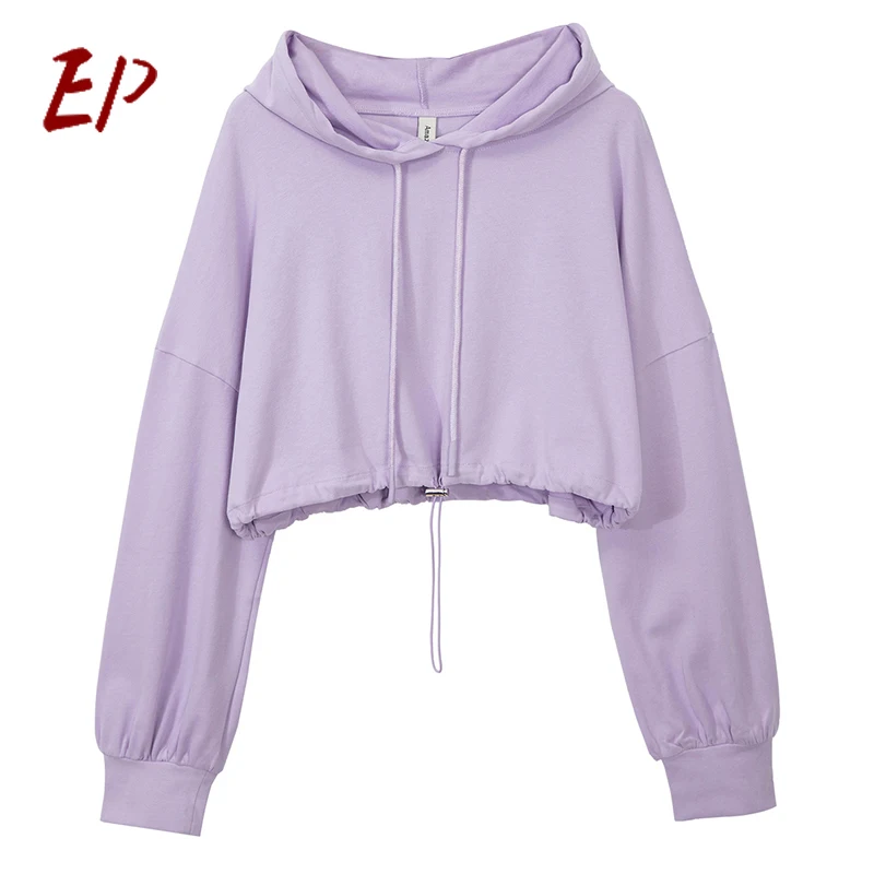 

EP 2021 Spring Newly Cotton Women Sweatshirt Hoodie Casual Long Sleeve Drawstring Nipped Waists Thin Cropped Sweatshirt