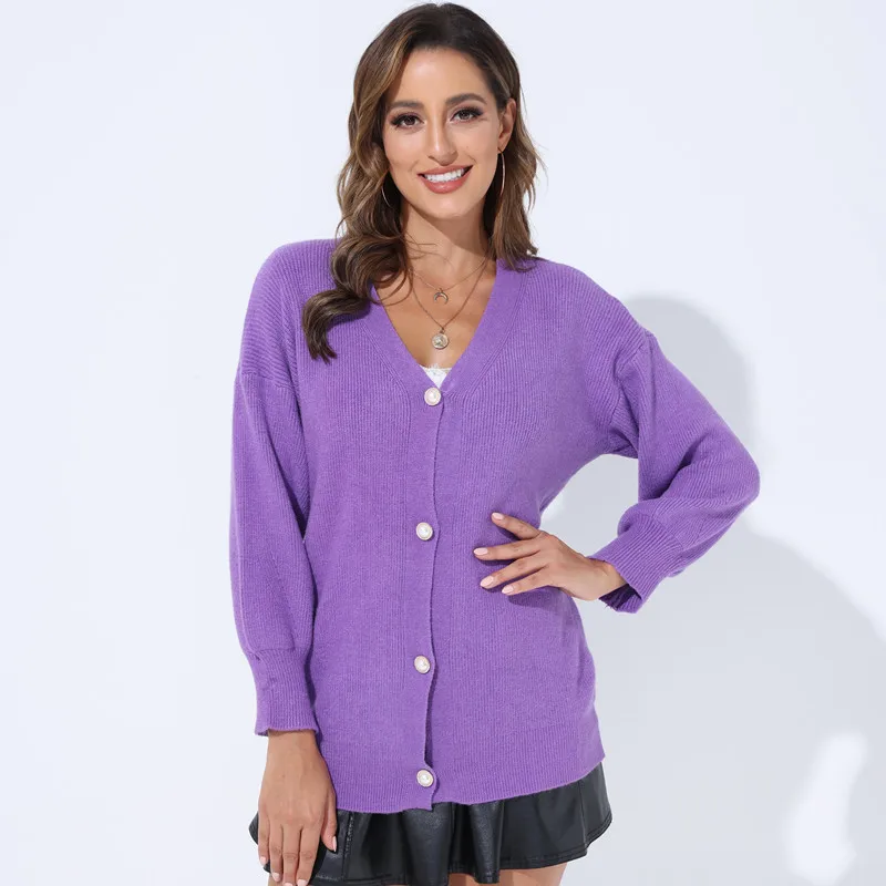 

V-neck Lantern Sleeve Cardigan Women Knitted Basic Oversize Sweater Autumn Winter 2021 Female Cardigan Ladies Jumpers