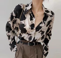 korean autumn women sexy leopard print casual shirts vintage single breasted turn down collar chiffon blouses size 4xl