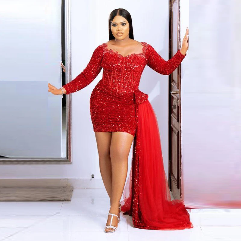 

Блестящее женское платье для выпускного вечера с длинным рукавом, плиссированное, сделанное на заказ, платье-футляр с глубоким вырезом, веч...