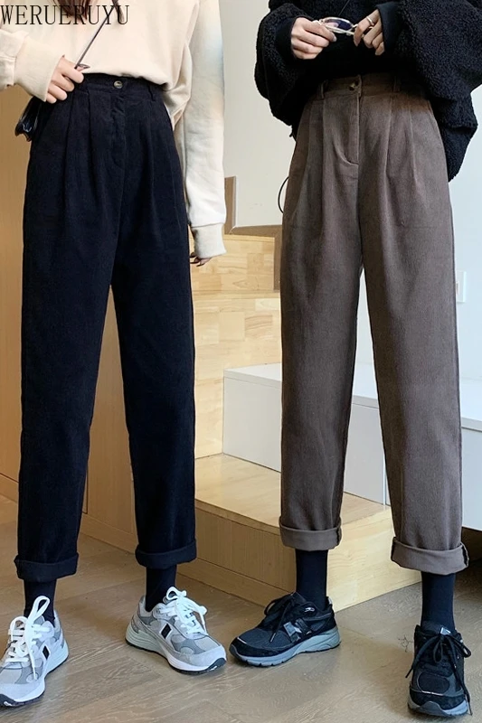 

WERUERUYU autumn winter solid casual warm pants ladies elegant corduroy harem pants female loose high waist leggings