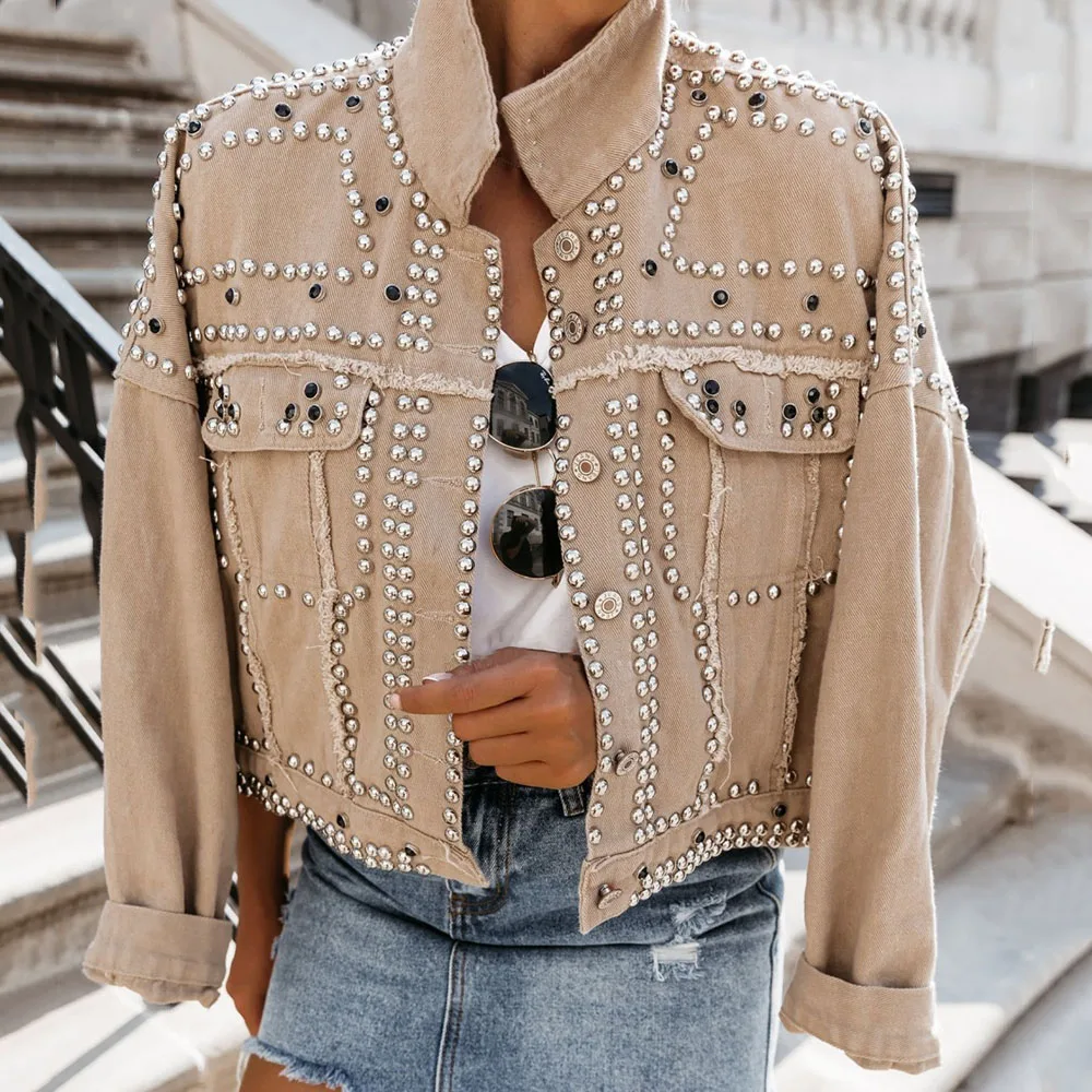 Winter Autumn Women Harajuku Rivet Jacket Coat Short Jeans Student Basic Coats Outfit Long Sleeve Single Breasted |