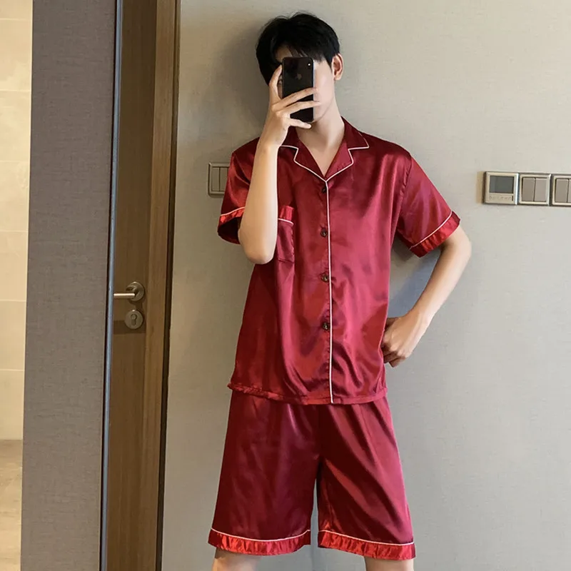 New Summer Men Satin Silk Pajamas Sets Korean Style of T-Shirt & Shorts Male Pijama Sleepwear Leisure Plus Size Home Clothing