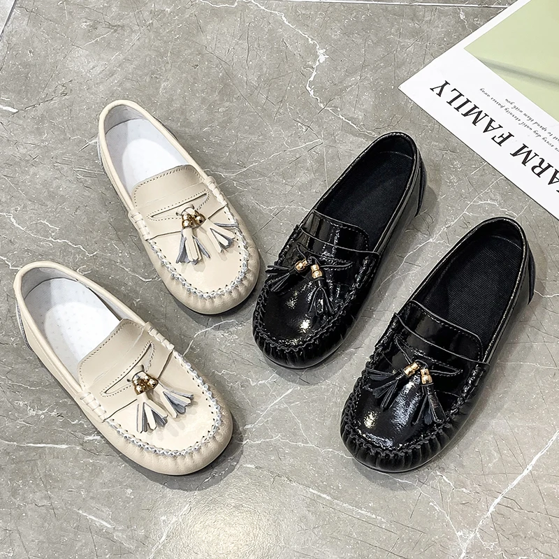

Туфли принцессы для девочек 2-12 лет, лоферы с бахромой, без застежки, кожаные Нескользящие, повседневная обувь, детские мокасины, плоская под...