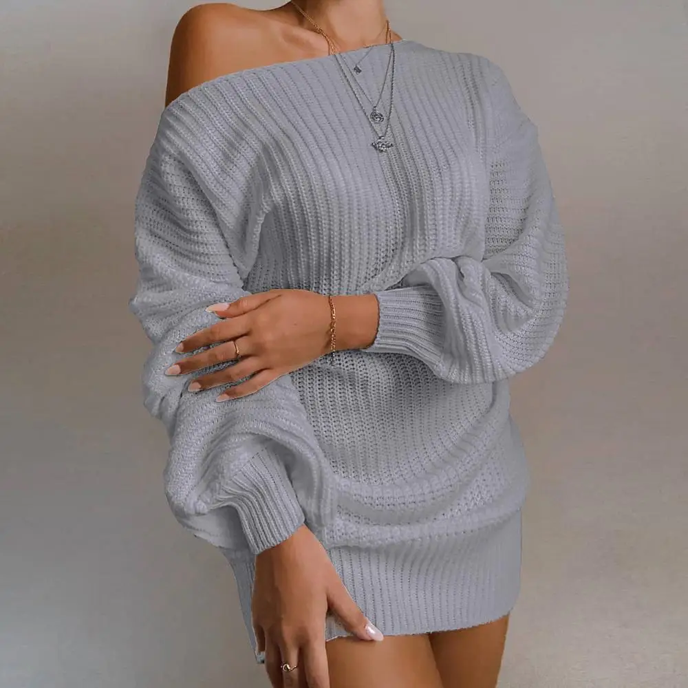 

The hottest Ladie casual off-shoulder lantern sleeve knitted sweater dress