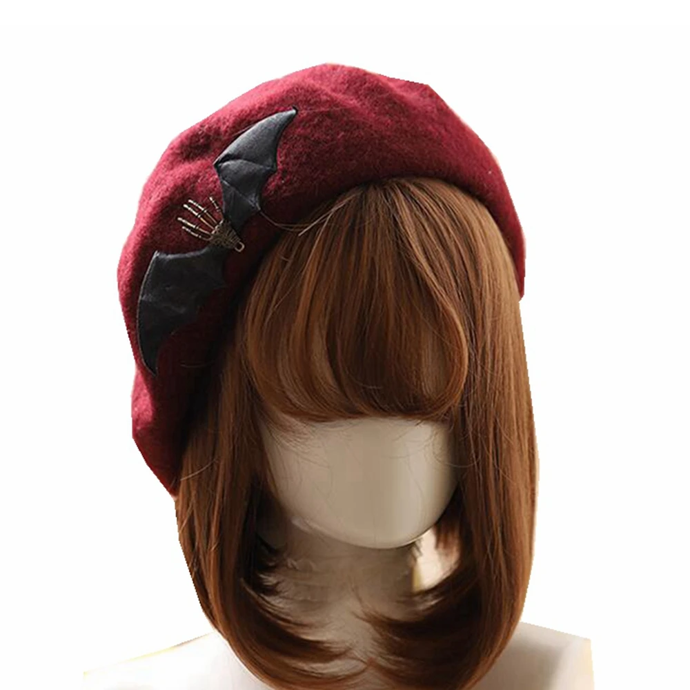 Женский шерстяной берет в готическом стиле стильная шапка летучая мышь с черными