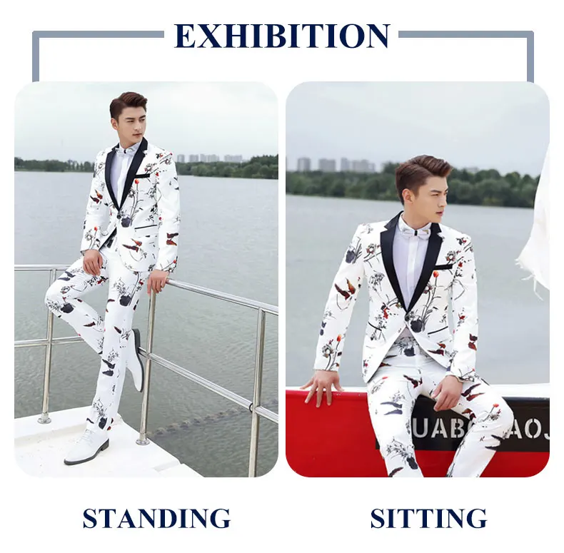 Fashion men 2 piece suit set(coat+ pant) Pisces printing black satin collar lapel dance cocktail party casual men's white suit