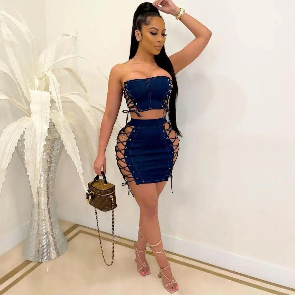

Casual Lace-Up Denim Cut-Out Chest Wrap Top and Skirt 2Piece Set Women Matching Sets Bodycon Skinny Slim Clubwear Women's Suits