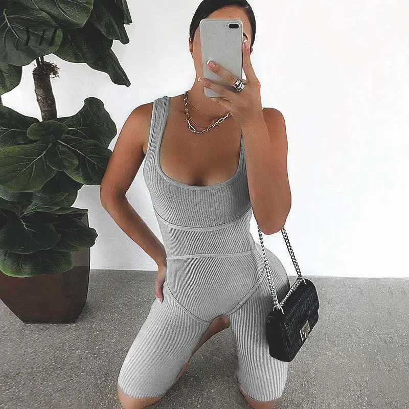 

YiDuo Sexy Solid Sleeveless Playsuit Rib Knit Skinny Women Summer Stretch Backless Jumpsuit Scoop Neck Casual Fitness Playsuits
