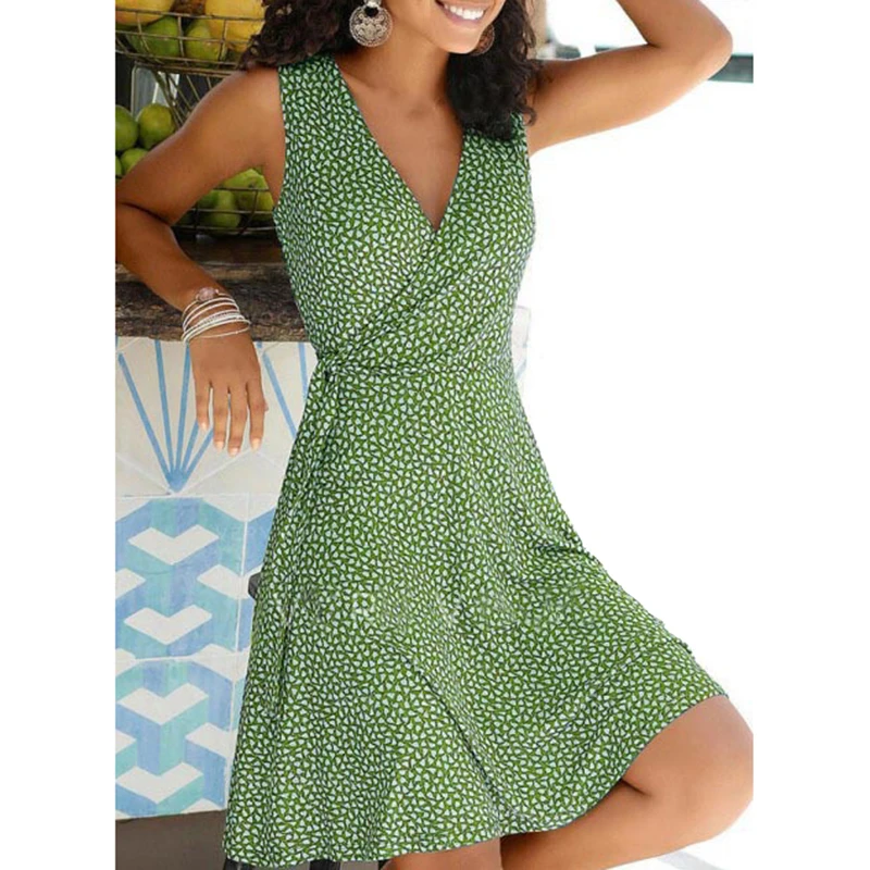 

Dress 2021 A-line Knee Length Casual Vacation Dresses Vintage Print Sleeveless V-neck Slim Dress For Women S-5XL Robe Vestidos