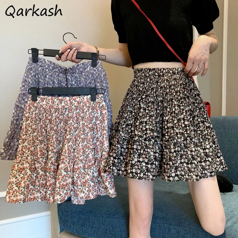 

Юбка женская выше колена со складками, милая универсальная Повседневная трапециевидная юбка в Корейском стиле, с цветочным принтом, с эласт...