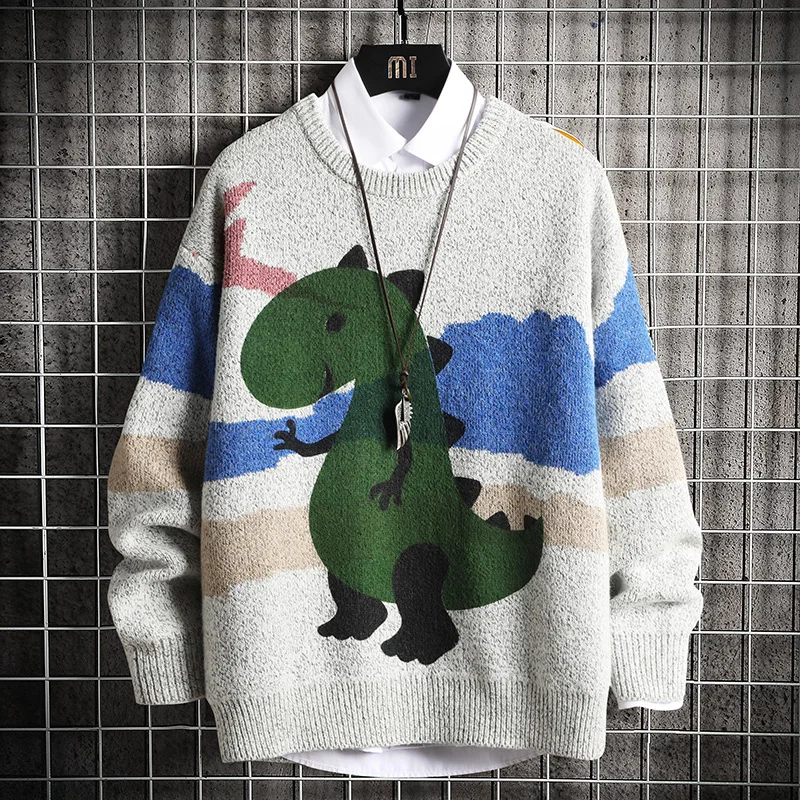 

Round Neck Loose Dinosaur Sweater Autumn Korean Style Knitting Pull Sweater Mens Harajuku Casual Outwear Men Clothes