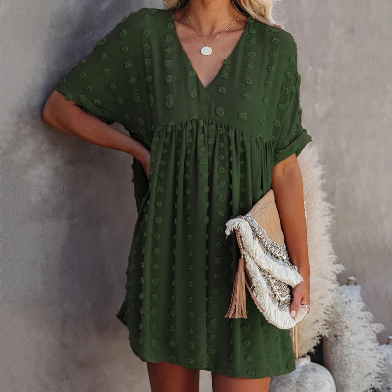 

New Women Summer Polka Dot Hollow Low Collar Sexy Short Sleeve Ruffle Loose Swing Dress Female Casual Straight Dresses 2021