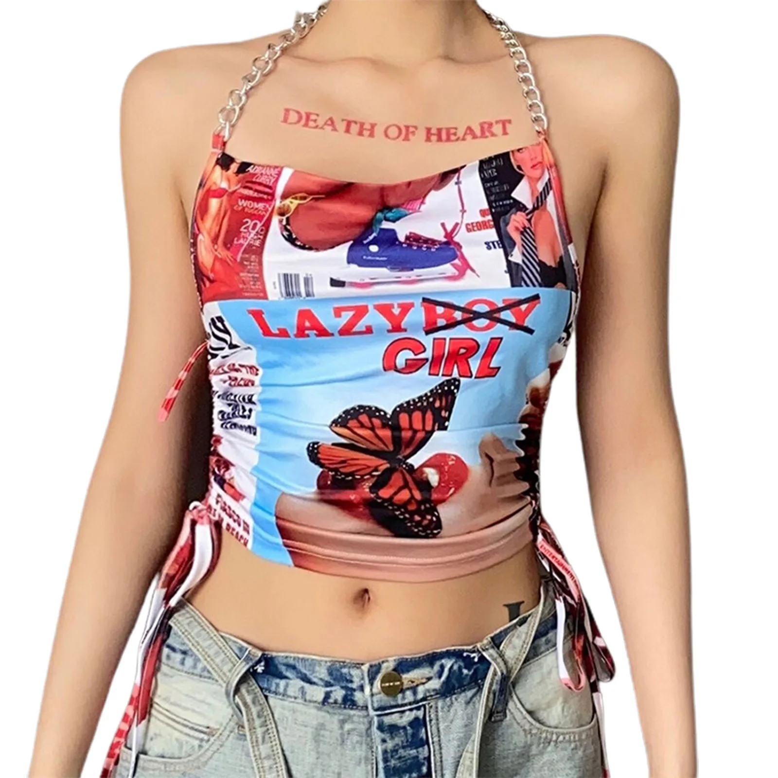 

Летний женский модный топ с открытой спиной и принтом, Стильный укороченный топ без рукавов на шнуровке для дам