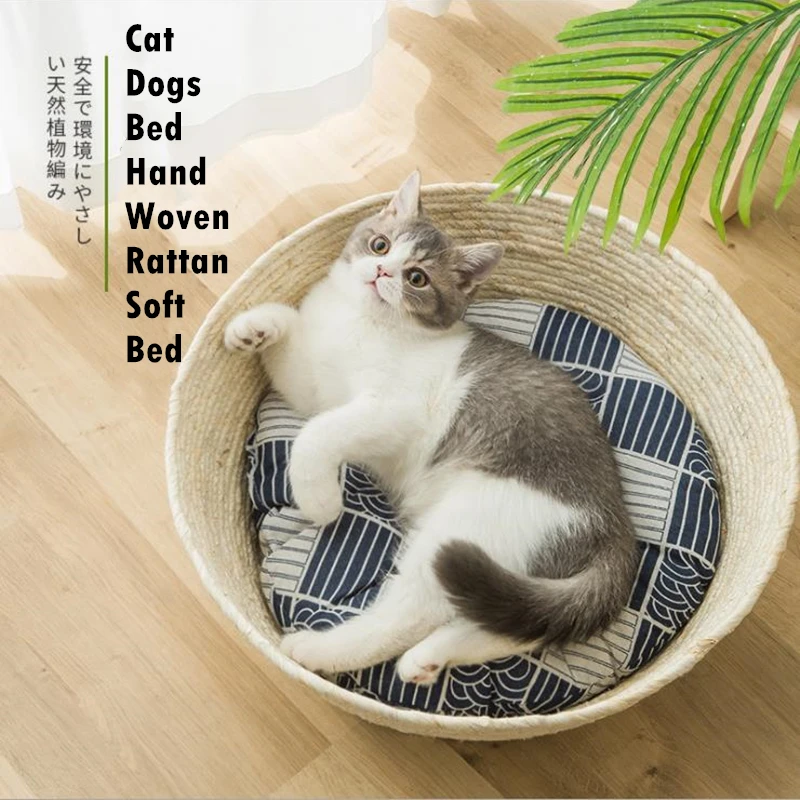 

2021NEW Pet Cat Dogs Bed Hand Woven Rattan Soft Bed Round Cat Bed Basket Nest Breathable Mat Pet Sleeping Bed Cool Summer Sofa