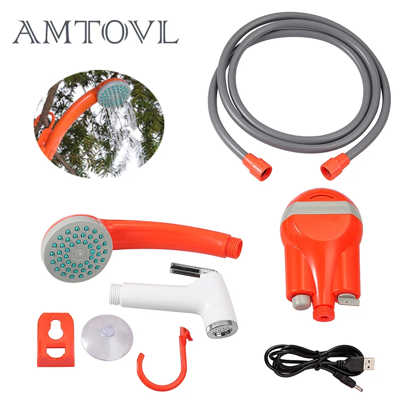 

AMTOVL переносной походный душ Set USB Перезаряжаемый DC 5V нажимной душ для пеших прогулок, путешествий, автомобиля, омывателя домашних животных, и...