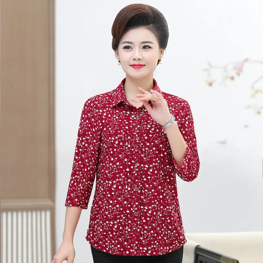 

Red Blue Floral Pattern Blouses Middle Aged Women Spring Summer Three Quater Roll-Tab-Sleeve Design Turn Down Collar Top 5XL 4XL