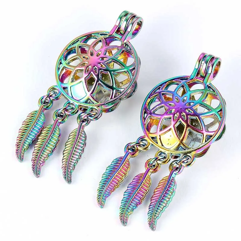 Радужный цветок Ловец снов листья бусины лист клетка кулон эфирное масло