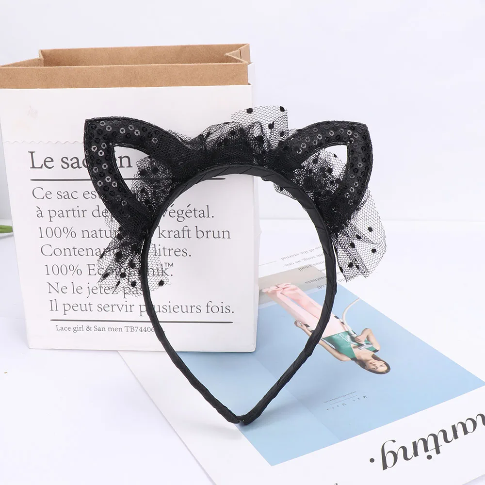 Sweet Cute Kids Cat Ears Shiny Sequins Headband Princess Hairband Lace Children Girls Hair Accessories for Birthday Party | Украшения и