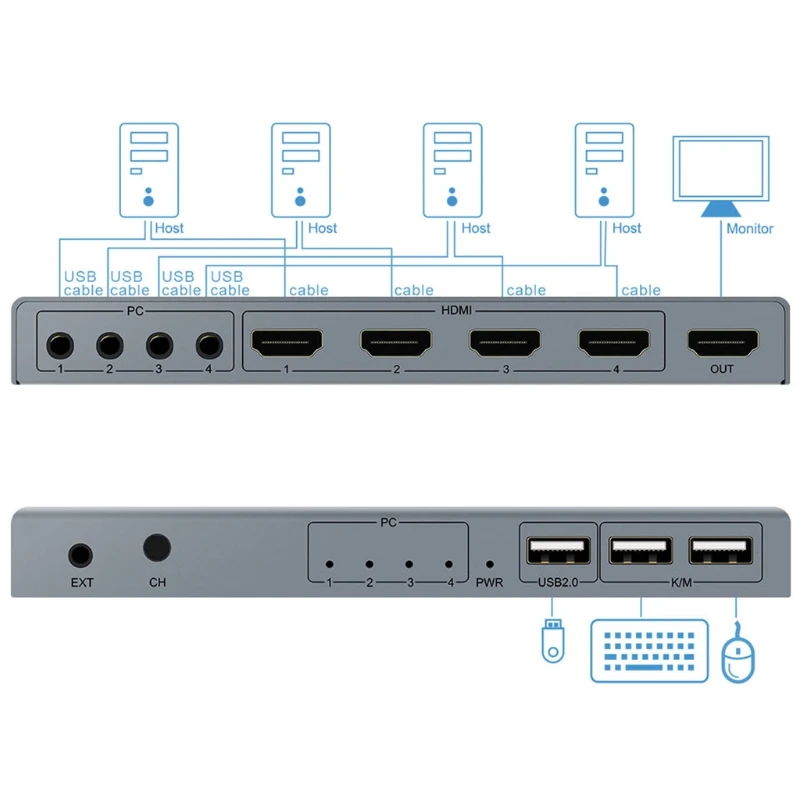 

1 Set Iron Material Video Switcher USB Sharing Switch Four in One Out for Computer Keyboard and Printer 4K Video Switchs