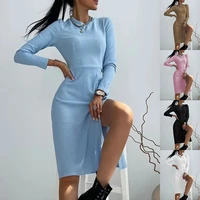 womens 2021 fall long sleeve elegant office ladies sexy hanging split party dress spring solid color slim fit skinny mini dress