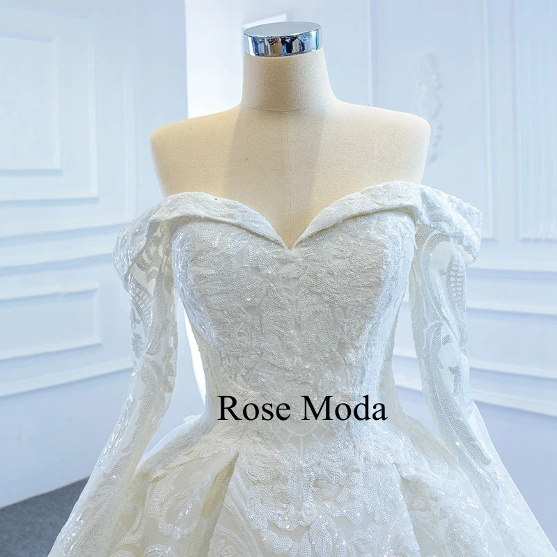 

Rose Moda Luxury Off Shoulder Long Sleeves Glittering Sequined Lace Wedding Dress Princess Ball Gown