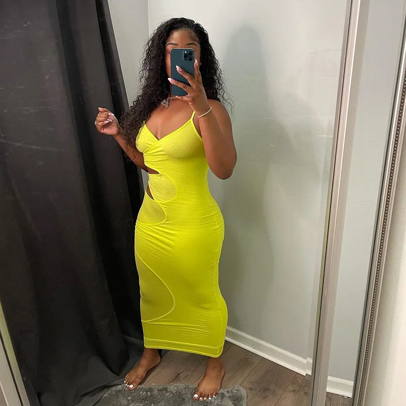 

Sexy Maxi Dress Women 2021 Summer Skinny Slim Dress Bodycon Ladies Spaghetti Cut Out Vestidos Sense of Design Streetwear