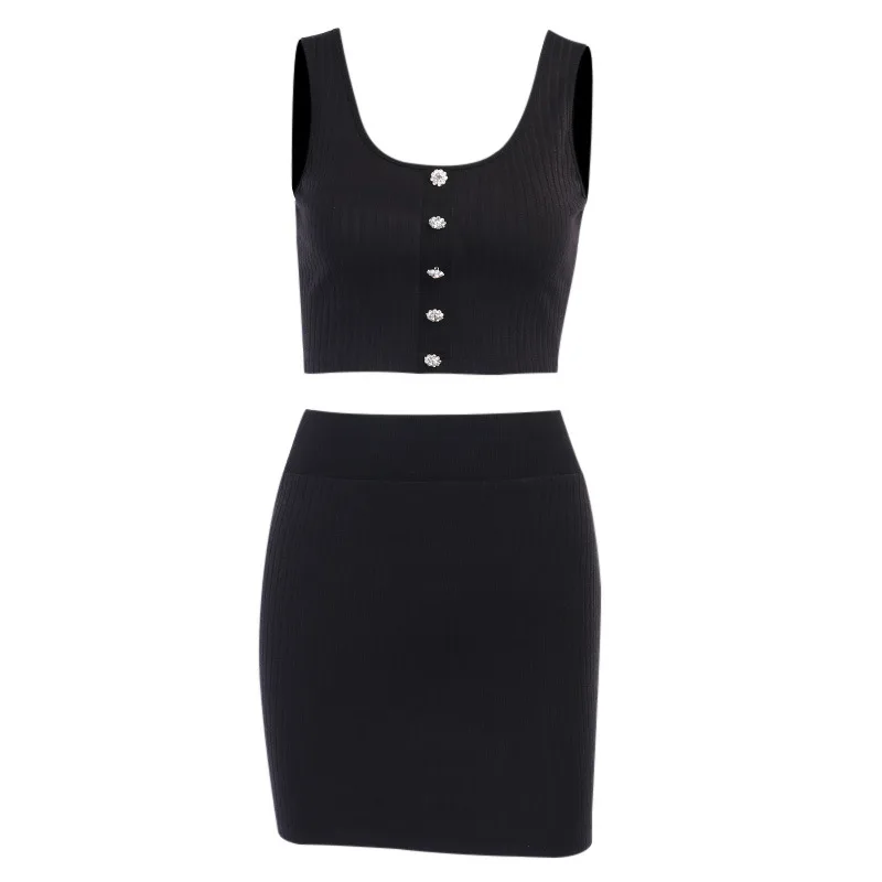

SIDDONS Sexy Knitted Vest And Mini Skirt Suit Flower Button Summer Women Two Piece Set Women Solid Color High Waist Slim Outfits