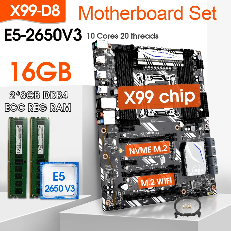 

Комплект материнской платы JINGSHA X99 D8 с Xeon E5 2650V3, телефон 2,3 ГГц, ЦП 2 шт. X 8 ГБ = 16 ГБ, Память DDR4 2133 МГц, интерфейс M.2 Wi-Fi