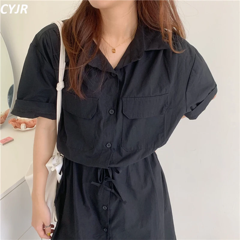 

Vintage Autumn Long Shirt Dress Women Cotton Round Collar Slim Waist Drawstring Solid Color Sundress with Buttons
