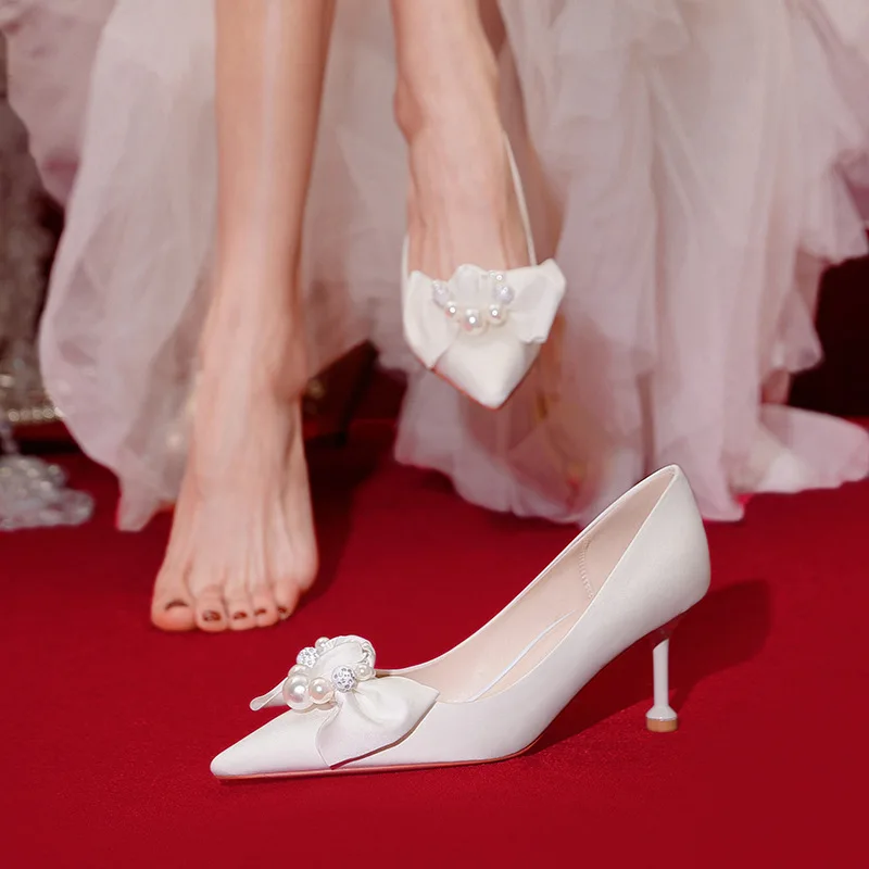High Heels Women Pointed Toe Stiletto Heels White Shoes New Slip on Party Wedding Shoes for Women Bride String Bead Heels Pumps