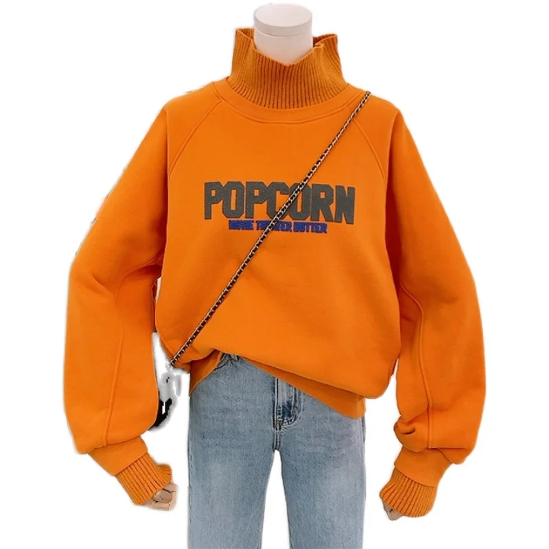 

Plus Velvet Sweater Women's Korean High Collar Loose Letter Patched Thickened Fleece Pullover Hoodie Coat Teens Sweatshirts