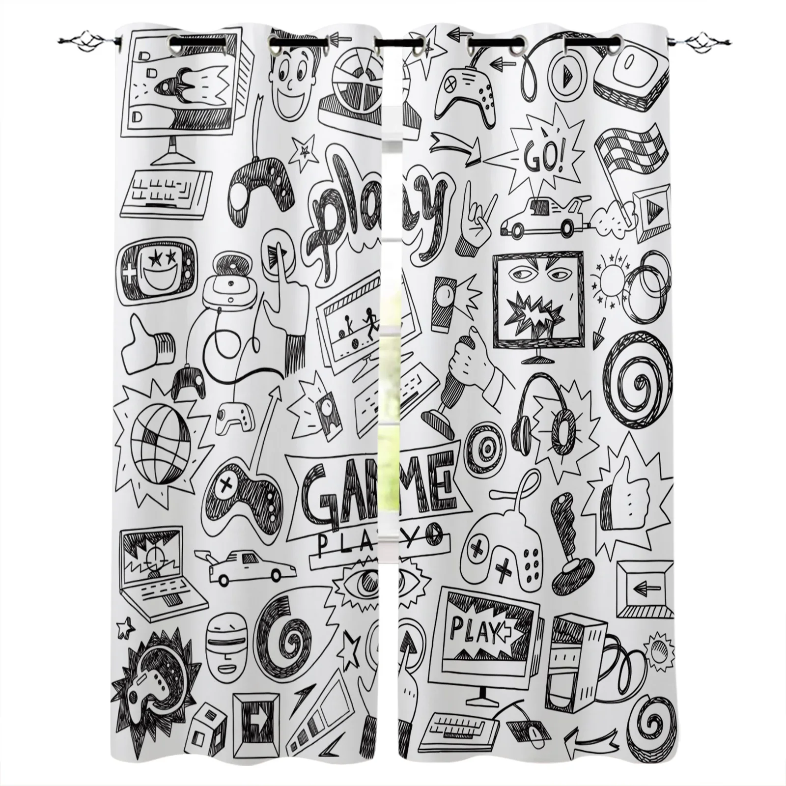 

Play Game Black White Cartoon Graffiti Home Decoration Living Room Curtains Window Treatments Kids Curtain For Kitchen Bedroom