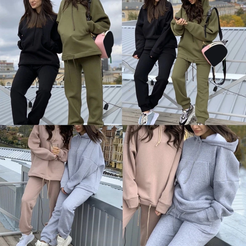 

2021 Women 2Pcs Outfit Set Long Sleeve Large Pocket Oversized Hooded Sweatshirt Drawstring Jogger Pants Solid Color Tracksuit
