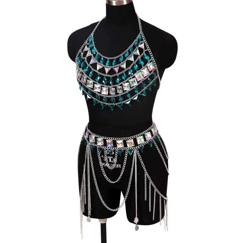 Boho 1 комплект, металлическая цепочка, бюстгальтер на бретельках для тела, кристалл, нагрудный ремень, украшение с зажимом, блестки, клетчатый Топ, плюс размер, женская одежда в стиле рейв на Хэллоуин