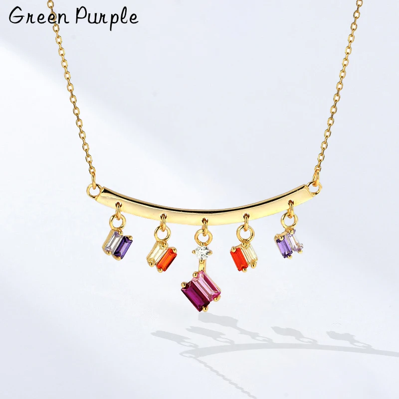 

GREEN PURPLE 925 Sterling Silver Simple Colorful Zircon Pendant Ladies Necklace Clavicle Pendant Necklaces Birthday Gift Jewelry