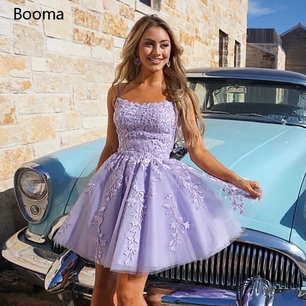 

Sweet Lilac Short Homecoming Dresses Scoop Lace Appliques A-Line Prom Dresses Above Knee Spaghetti Straps Mini Party Dresses