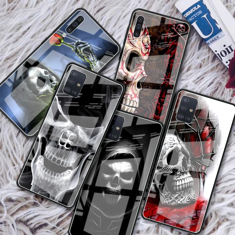 

Glass Phone Case For Samsung Galaxy A51 A71 A50 A21s A52 A70 A72 A31 A10 M31 M51 Luxury Mobile Cover Grim Reaper Skull