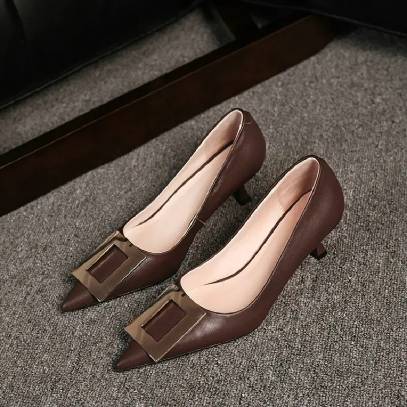 

ZawsThia Genuine Natural Leather Pointed Toe Sexy Chic Woman's Shoes Thin High Heels Womens Stilettos Metal Buckle Office Pumps