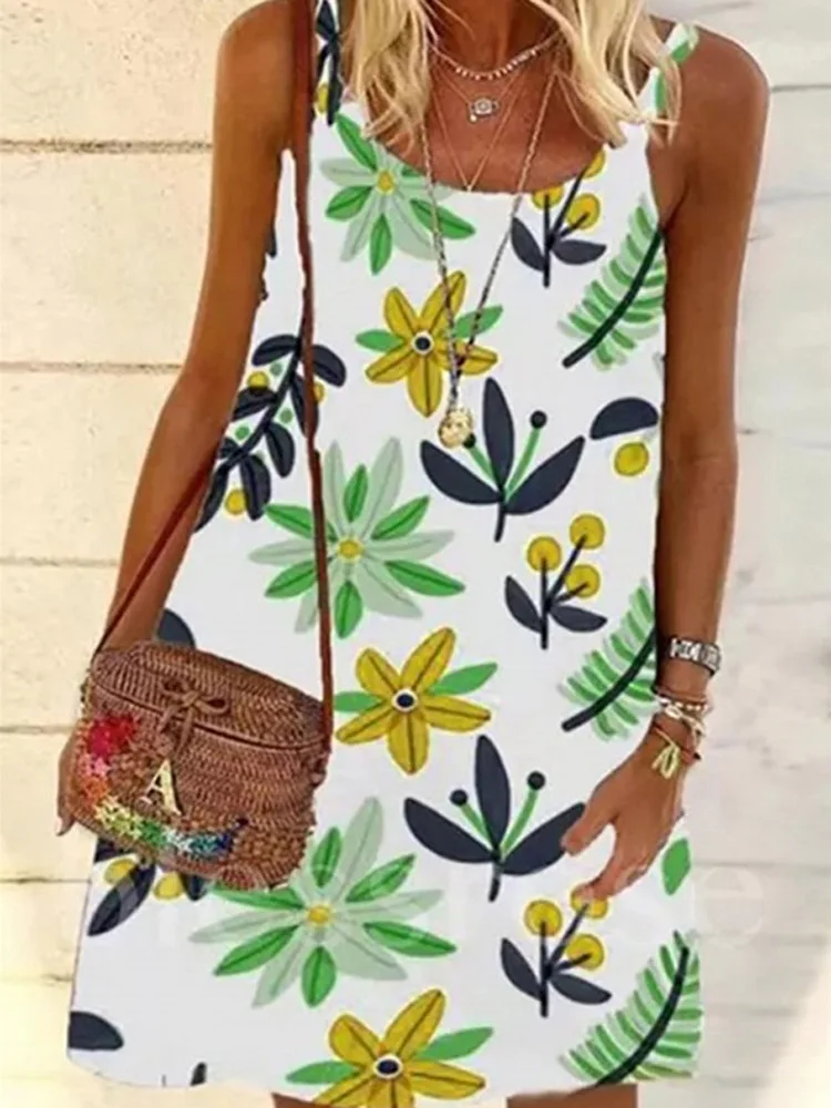 

Women Elegant Square Collar Office Lady Dress Spring Floral Print A-Line Party Dress New Summer Sleeveless Spaghetti Strap Dress