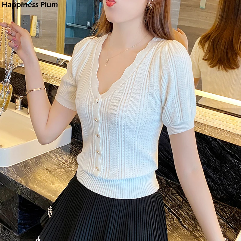 

Женский трикотажный свитер на пуговицах, Белый Элегантный облегающий пуловер с V-образным вырезом и коротким рукавом, на лето
