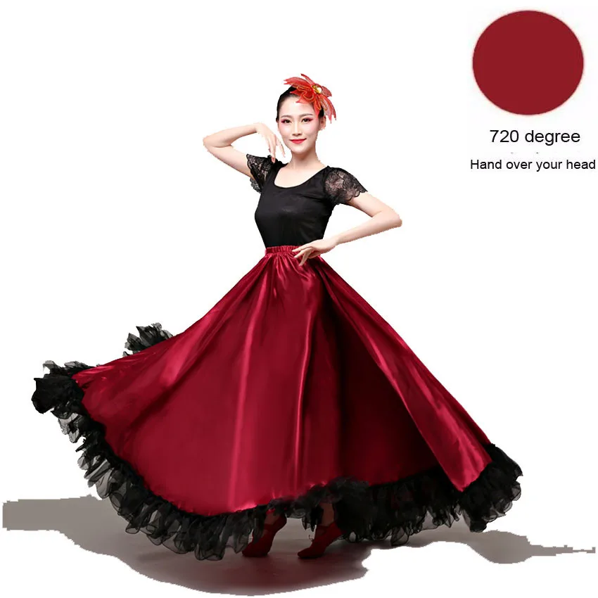 Wine Red 720 Degree Испанский бой быков танец фламенко юбка бальное искусство стиль женское атласное платье Цыганский красный сценический костюм - Цвет: Wine Red 720 Degree