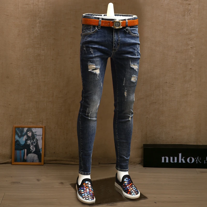 Fashion Mens Skinny Ripped Jeans Blue Midweight Jean Pencil Pants for Men Streetwear
