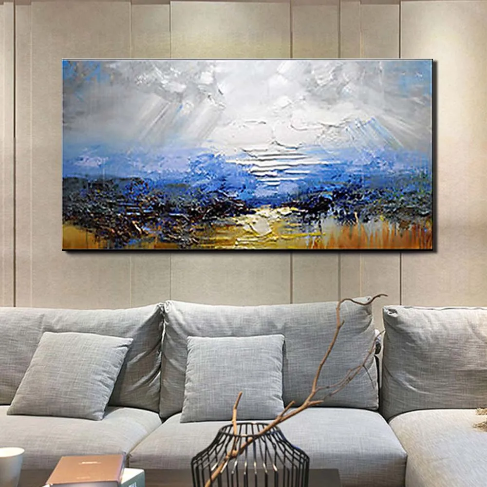 

Hand Painted Abstract Impasto Oil Art Landscape Blue White Wall Picture Oil Painting Canvas Living Room Home Decor Drop Shipping